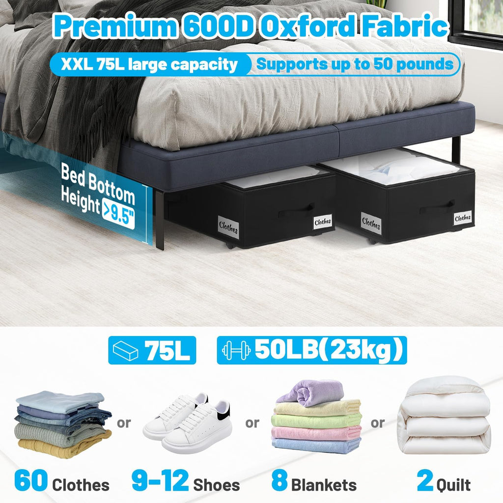 Under Bed Storage with Wheels, 2-Pack 10" Height XXL 75L Rolling Storage Bins, Quick Assembly Underbed Shoe Storage Containers with Clear Lid & Label, Dorm Under Bed Drawers for Clothes, Shoes, Black