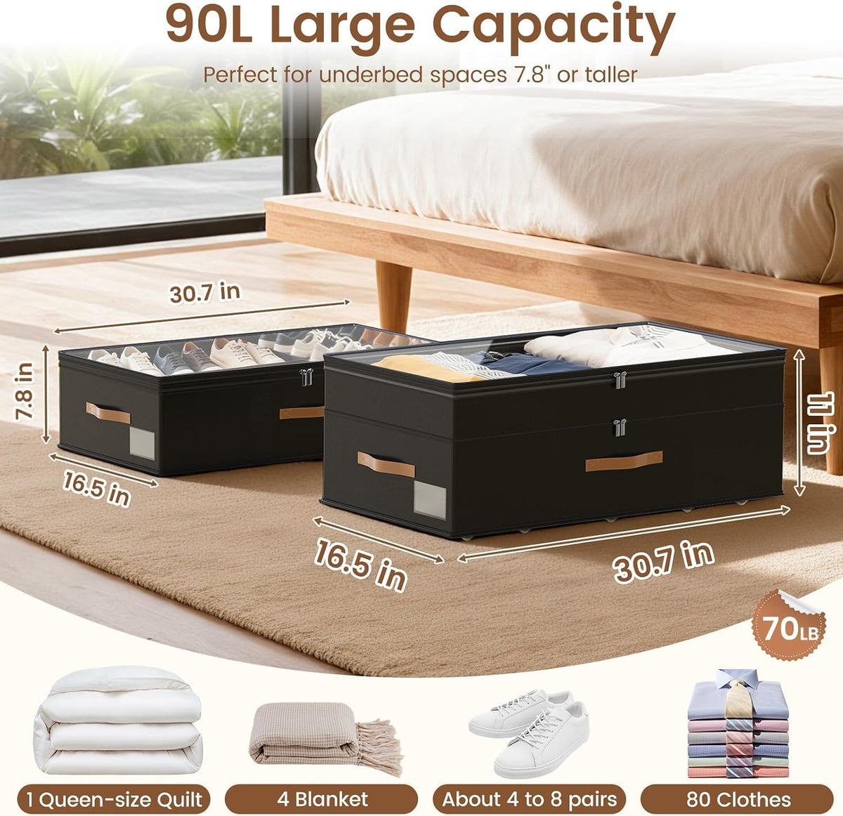 90L XXL Large Under Bed Storage with Wheels, 2-Pack (Black) 11'' Height Adjustable XXL Rolling Storage Bins with Clear Lids, Dorm Under Bed Drawers for Clothes, Shoes, Blankets