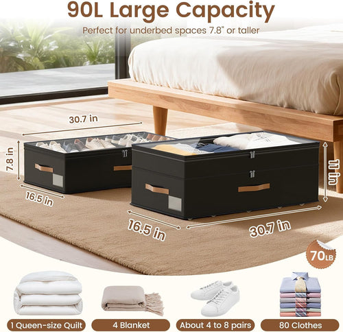 90L XXL Large Under Bed Storage with Wheels, 2-Pack (Black) 11'' Height Adjustable XXL Rolling Storage Bins with Clear Lids, Dorm Under Bed Drawers for Clothes, Shoes, Blankets