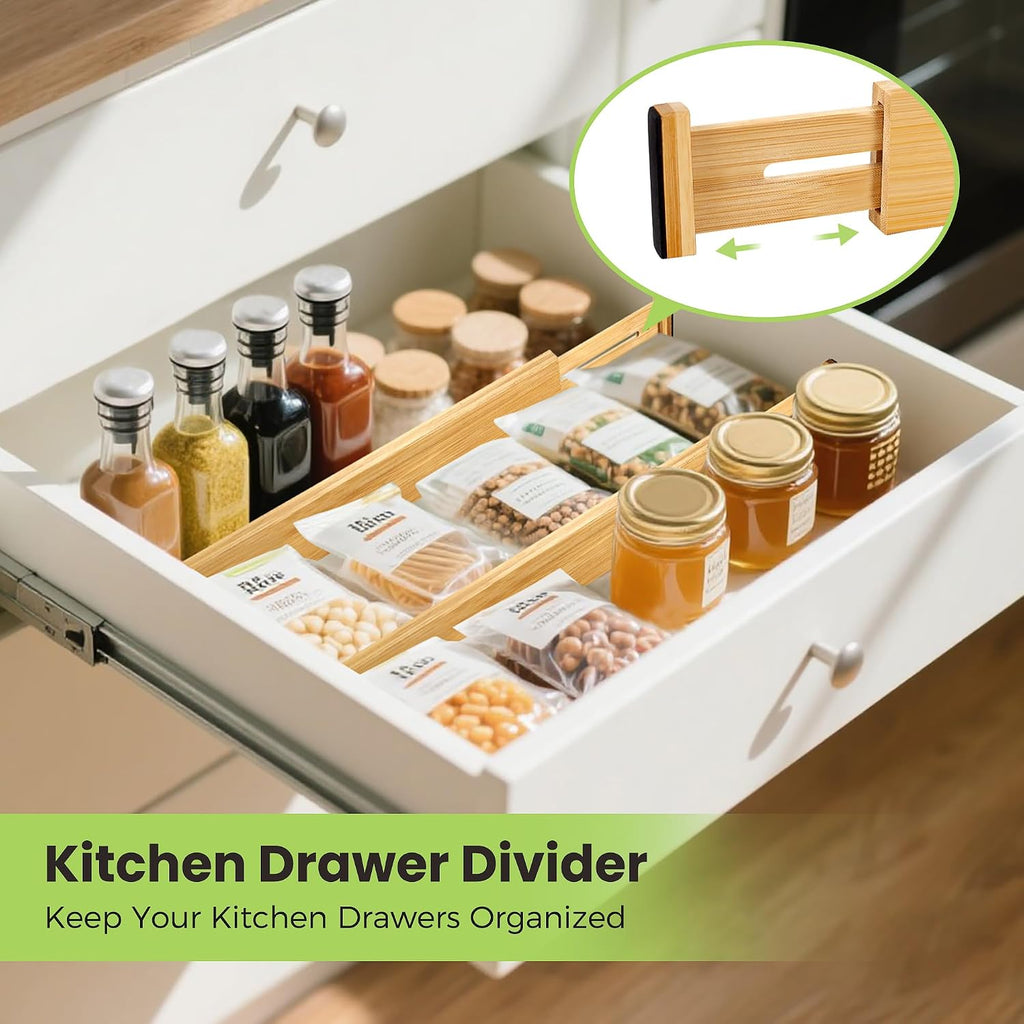 Fyvva Drawer Organizer, Spring-Loaded Expandable Bamboo Dividers 8-Pack