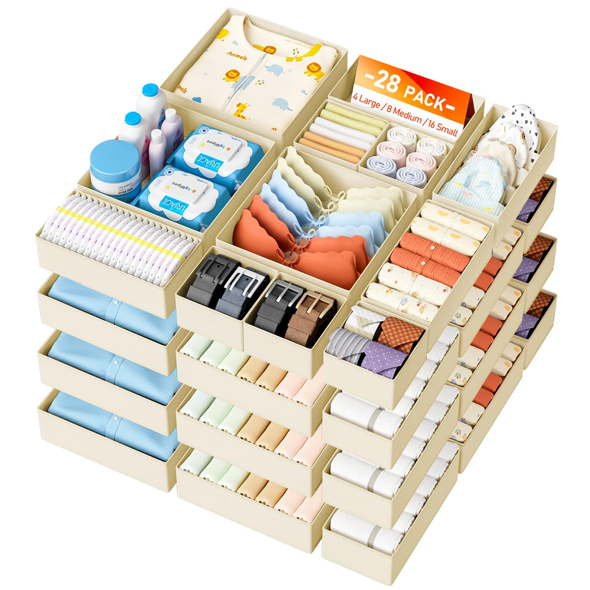 DIMJ Drawer Organizer Clothes 15 Pack - Foldable Baby Organizers and Storage & Closet Organizers for Bedroom, Closet - Nursery Organization Dresser Dividers for underwear, Sock,Bra, Belt, Tie, Beige