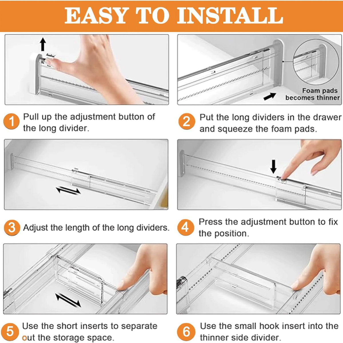 Acrylic Drawer Dividers – Adjustable 11–20.8 Inch Expandable Deep Dresser Drawer Dividers – Clear Plastic Drawer Separators for Baby Clothes, Underwear, Kitchen & Office Storage.