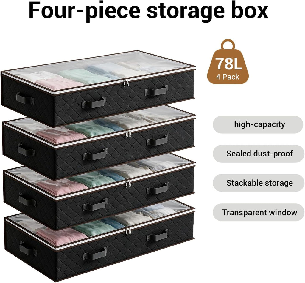 4 Pack Underbed Storage Boxes, Storage Bags with Zipper, Black