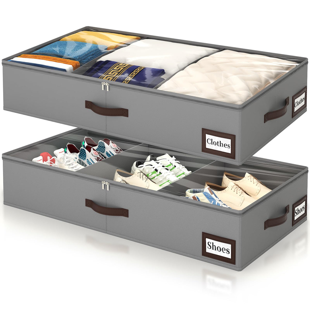 OIAHOMY 2 Pack 53L Under Bed Storage with Adjustable Dividers, 6" Low Profile Underbed Storage Bins for Comforters & Clothes, Save Closet Space with Clear View Lid & Reinforced Handles, Grey