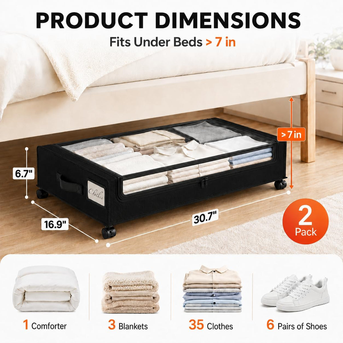 Under Bed Storage with Wheels, 2 Pack Under Bed Storage Containers with Clear Lids, 68L Underbed Shoe Storage Organizer Bins, Rolling Under Bed Metal Drawer for Blanket, Clothes, Shoes, Toys - Black