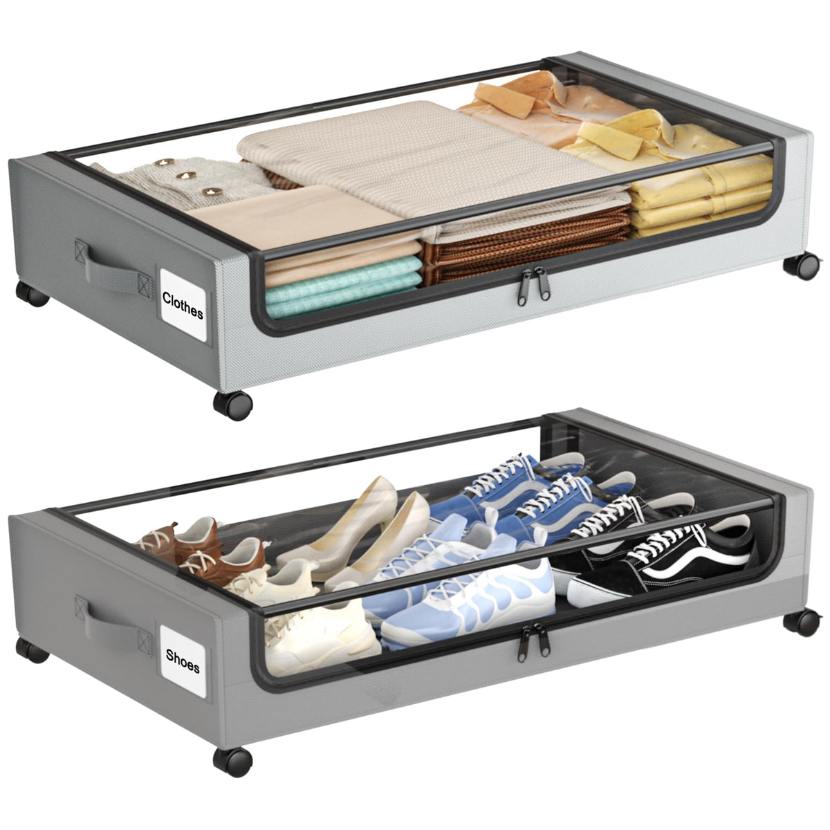 Under Bed Storage with Wheels,XXL 60L Under Bed Storage Containers with Clear Lids, Rolling Under Bed Metal Drawer for Clothes, Shoes,Toys (Black, 2 Pack)