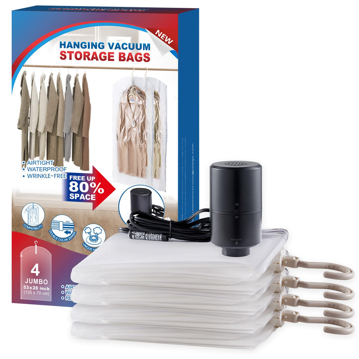 Hanging Vacuum Storage Bags, Space Saver Vacuum Seal Bags for Cloth, 6 Long