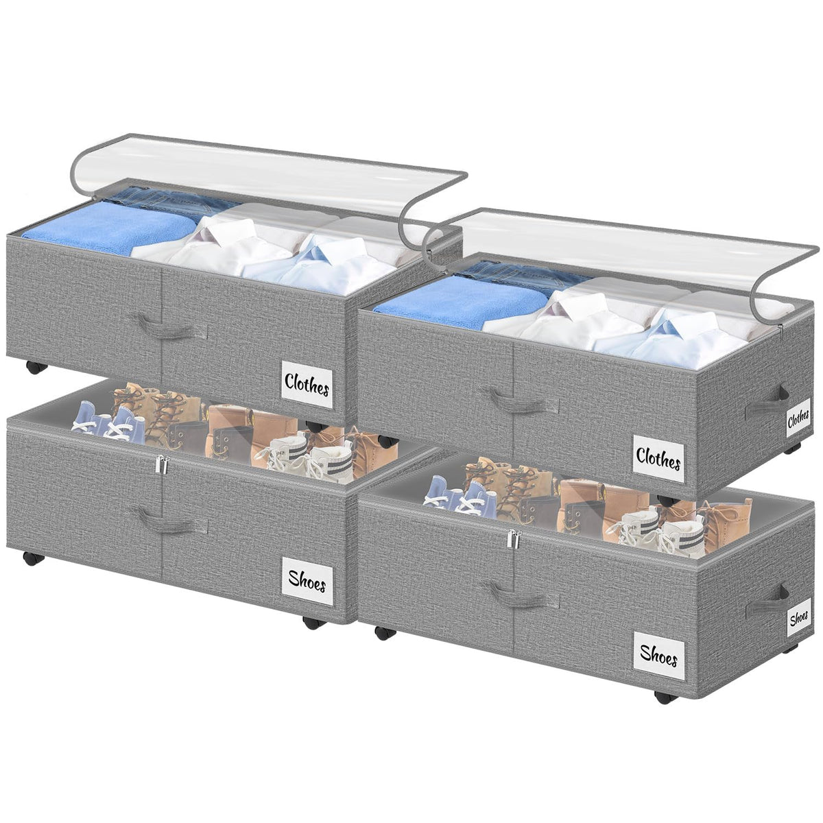 Under Bed Storage with Wheels, 2-Pack 10" Height XXL 75L Rolling Storage Bins, Quick Assembly Underbed Shoe Storage Containers with Clear Lid & Label, Dorm Under Bed Drawers for Clothes, Shoes, Black