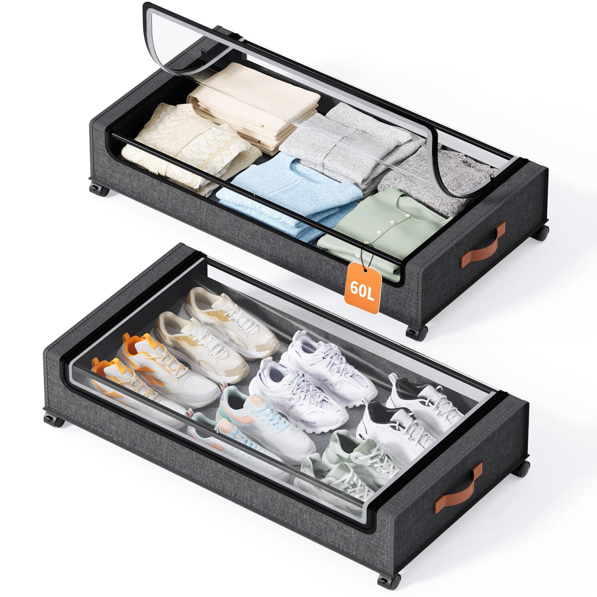 Yecaye Under Bed Storage with Wheels, 2 Pack Under Bed Storage Containers, 60L Underbed Shoe Storage with Clear Window & Label, Rolling Under Bed Metal Drawer for Clothes, Shoes, Books, Blankets