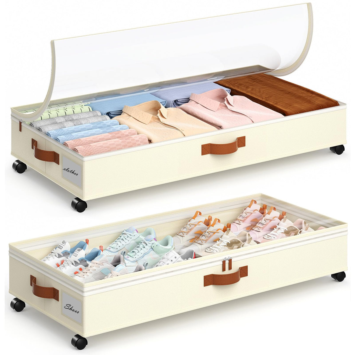 Yecaye Under Bed Storage with Wheels, 2 Pack Under Bed Storage Containers with Adjustable Dividers & Clear Lid, Rolling Underbed Organizer Bins Drawer for Clothes, Shoes, Blankets(30.3 x 16 x 6.7in)