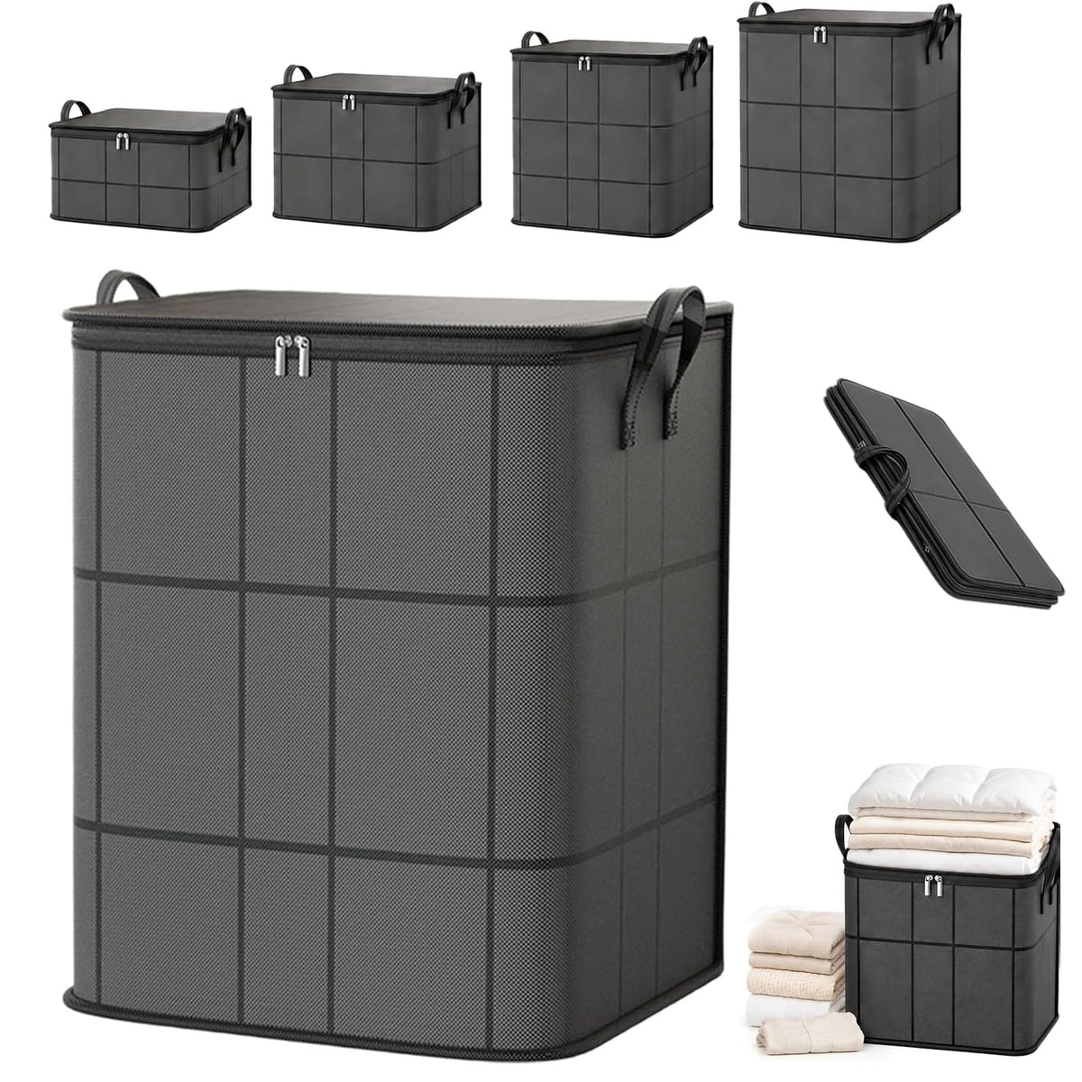 2027 Upgraded XXL Foldable Storage Bag with Reinforced Handles, 220L Fabric Organizer, Portable Moving Storage Bags with Zipper for Bedding, Clothes, Quilts & Moving (3, XXL: 23.6x19.7x27.6 in)