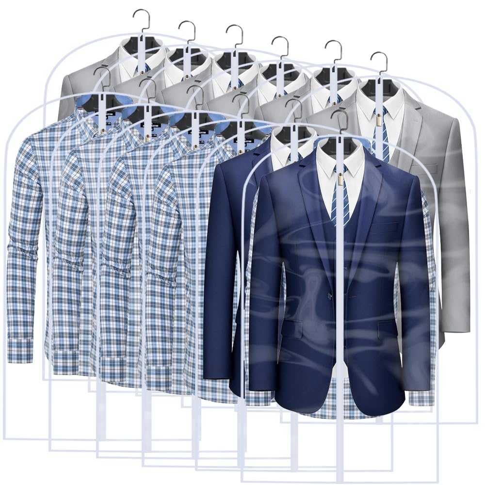 Garment Bags for Hanging Clothes 12 PCS Transparent Waterproof Dustproof Storage for Wardrobe Storage Suit Covers for Closet Cloth Cover Washable Clear Reuse Full Zipper for Suits Gowns 24''x40''