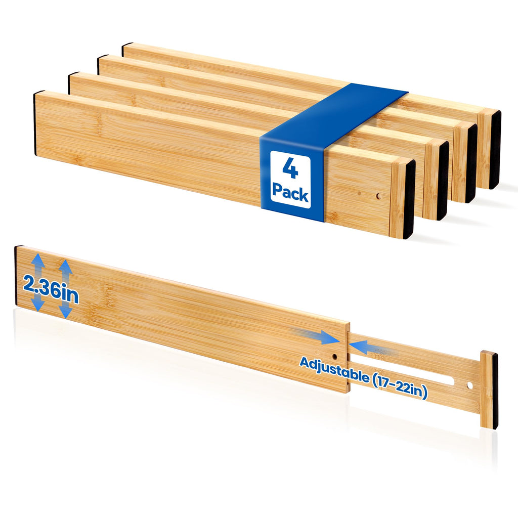 4 Pack 6" Deep Bamboo Drawer Dividers, 17-22" Expandable Kitchen Organizers