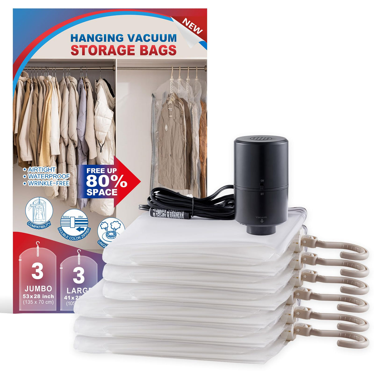 Hanging Vacuum Storage Bags, Space Saver Vacuum Seal Bags for Cloth, 6 Long
