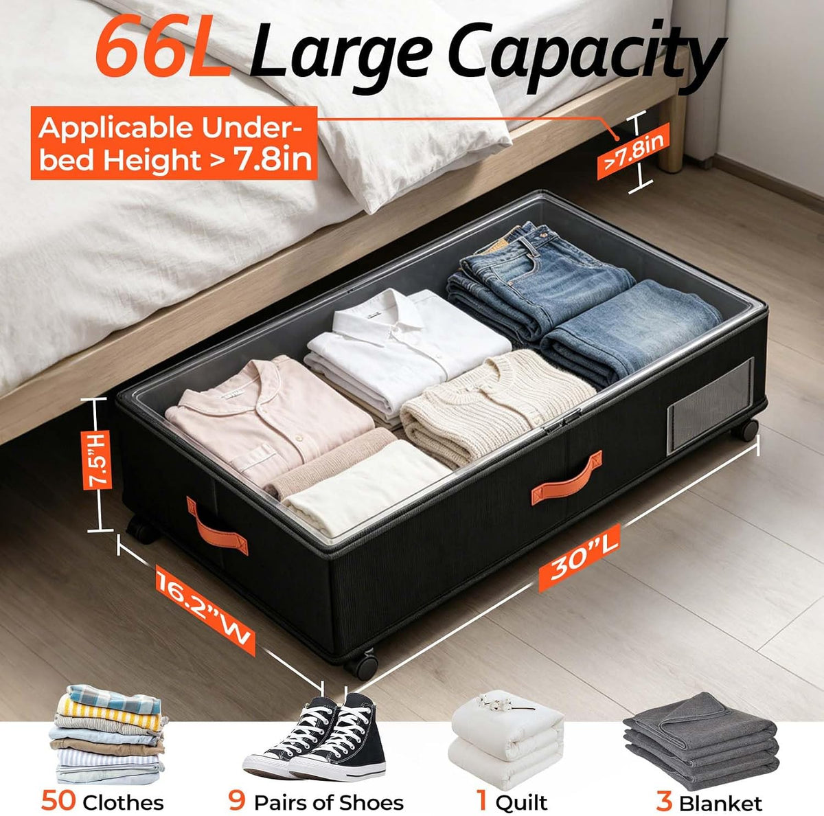 66L 2-Pack ,Under Bed Storage with Wheels , 30" L x 16" W x 7.5" H