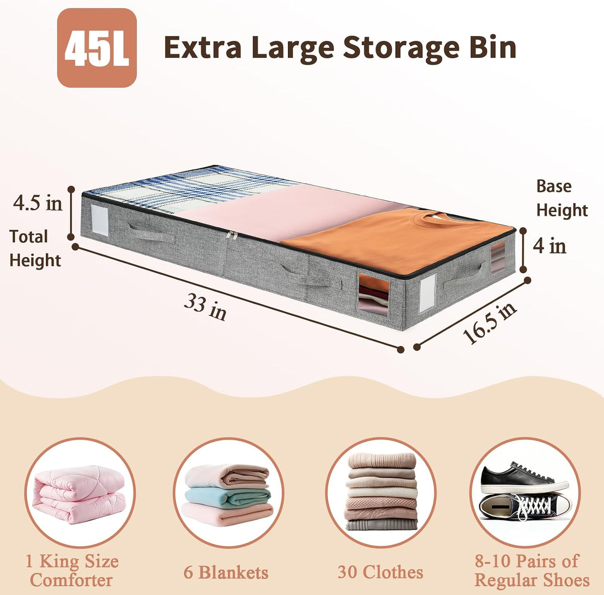 combocube 2 Pack Under Bed Storage Containers, 4.5" Low Profile Underbed Storage Bins with Sturdy Support, Stackable Space Saving Organizer with 4 Handles & Label Windows for Shoes Clothes Blankets