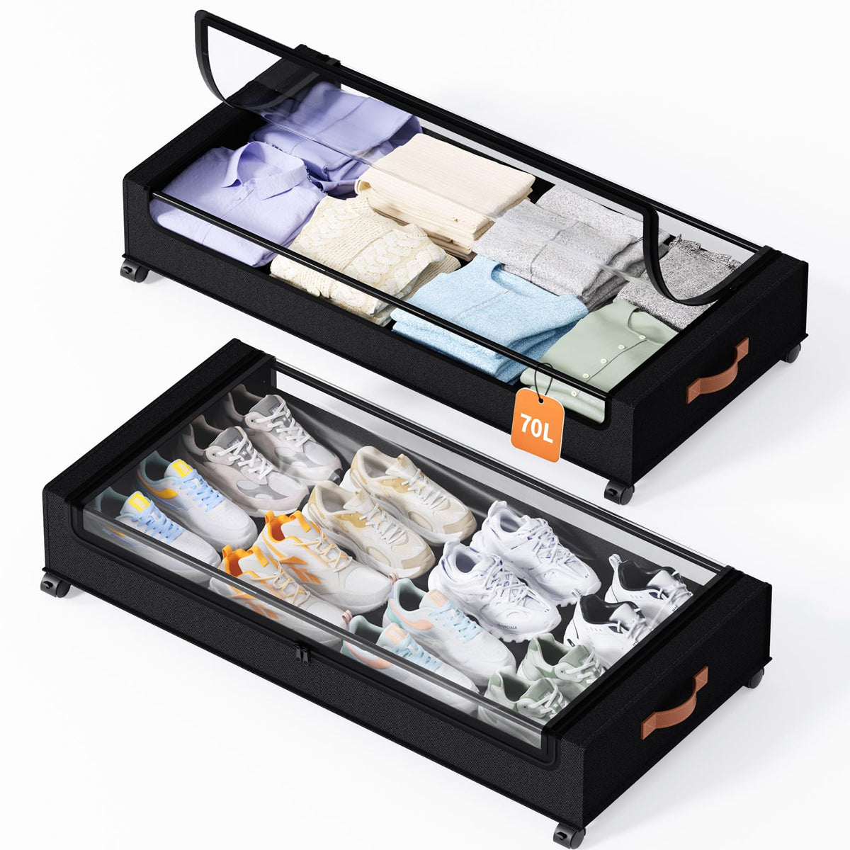 Yecaye Under Bed Storage with Wheels, 2 Pack Under Bed Storage Containers, 60L Underbed Shoe Storage with Clear Window & Label, Rolling Under Bed Metal Drawer for Clothes, Shoes, Books, Blankets
