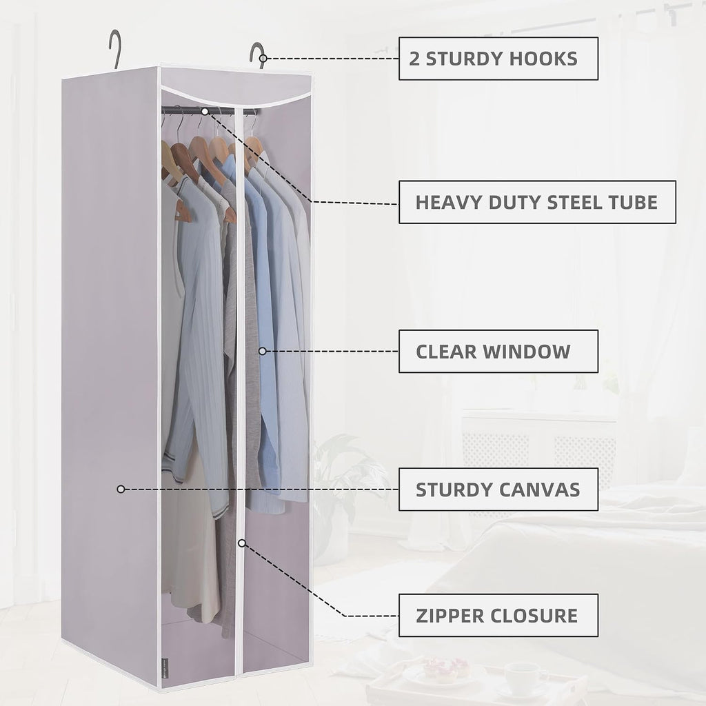 STORAGE MANIAC 2-Pack Hanging Garment Bag Zipper Cover with Sealed Clear Window, Long Garment Cover for Closet Storage Wardrobe Clothes Protector, Large Garment Storage Bag for Dresses,Suits, Grey