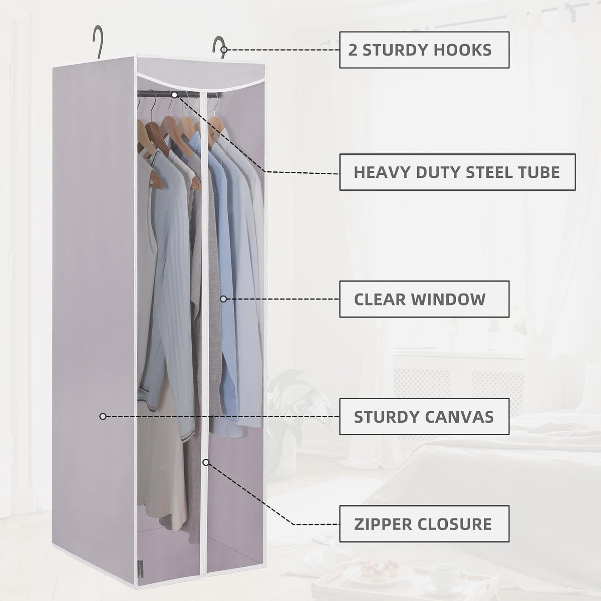 STORAGE MANIAC 2-Pack Hanging Garment Bag Zipper Cover with Sealed Clear Window, Long Garment Cover for Closet Storage Wardrobe Clothes Protector, Large Garment Storage Bag for Dresses,Suits, Grey