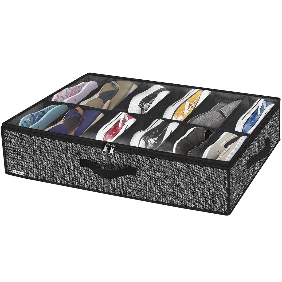 Onlyeasy Sturdy Under Bed Shoe Storage Organizer, Set of 2, Fit 12 to 24 Pairs, Underbed Shoes Closet Storage Solution with Clear Window, Breathable, L29.3 x W23.6 x H5.9, Linen-like Black, MXAUBSB2P