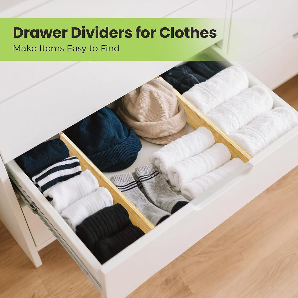 Fyvva Drawer Organizer, Spring-Loaded Expandable Bamboo Dividers 8-Pack