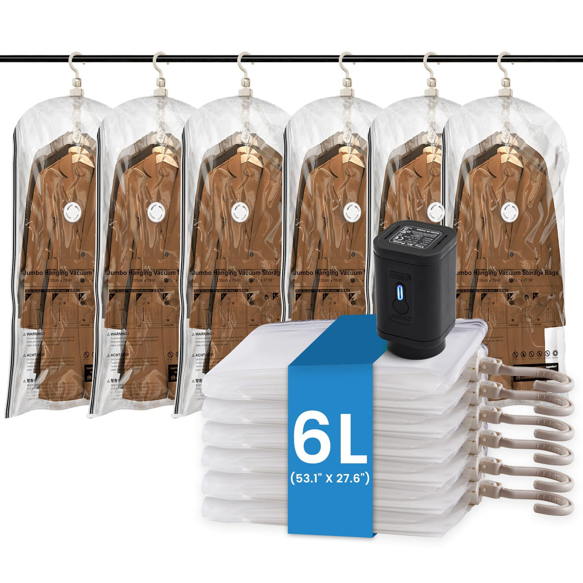 TAILI Hanging Vacuum Sealer Storage Space Saver Bags for Clothes, Suits, Coats or Jackets, 4 Pack Jumbo 53x27.6 Inches, Clear