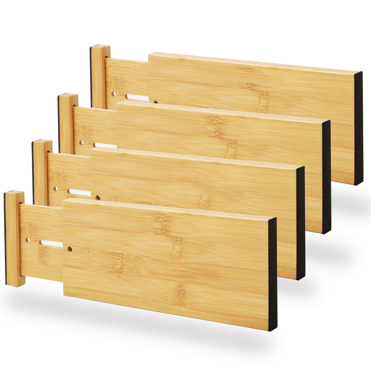 BAMEOS Bamboo Expandable Drawer Dividers – Fits 16.6"–22" Drawers, 2" High, Set of 4 | Spring-Loaded Bamboo Separator for Kitchen Island, Bathroom Vanity & Dresser Drawers