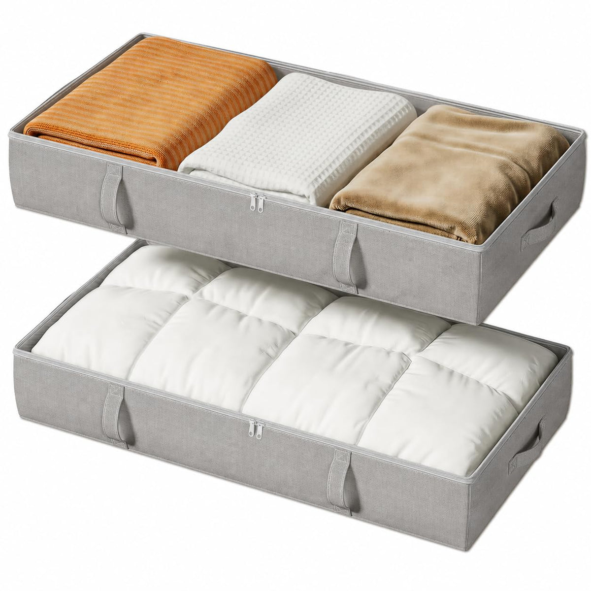 Vailando Side-Supported Under Bed Storage Containers, 6 Inches Tall 60L Underbed Storage Bins with Sturdy Handles and Sidewalls, Closet Organizer for Clothes, Blankets, Seasonal Items, Beige, 2-Pack