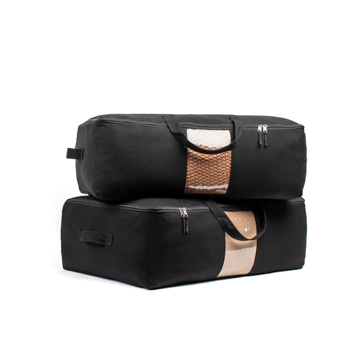 Soft Canvas Storage Bags with Zipper. Thick Breathable, 2pc King/Queen Comforter Organizer. Four Carrying Handles and Window. Large 25x19x9in Bag for Sheets Blankets Bedding Pillows, Clothes