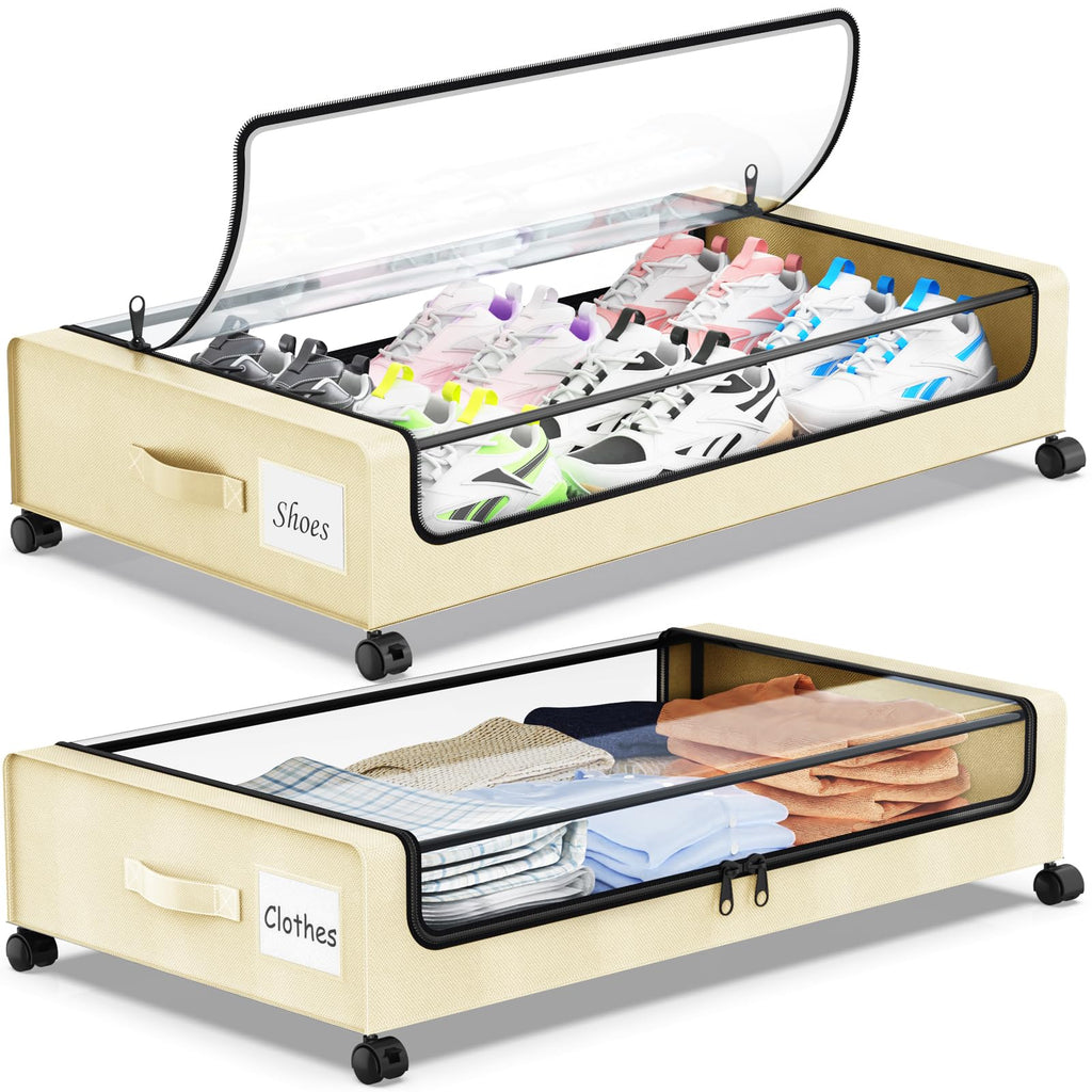 Molutsody Under Bed Storage with Wheels, 2-Pack Underbed Storage Containers with Clear Lids, Under Bed Shoe Storage Organizer, Rolling Under the Bed Storage Bins for Clothes Shoes Blankets (Black)