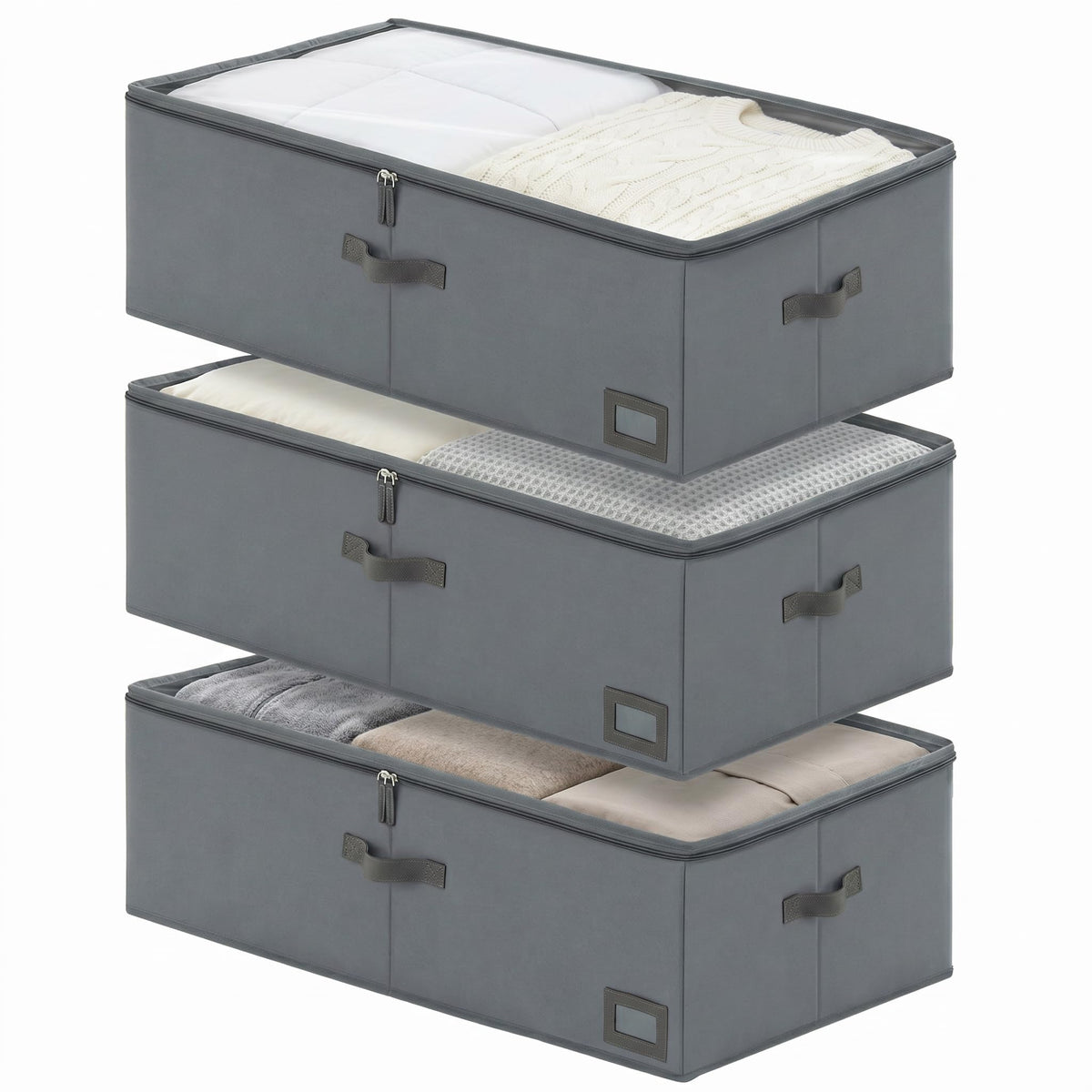 6" Versatile Under Bed Storage Bins (2-Pack, Charcoal Grey), Sturdy 600D Oxford Fabric Clothes Organizer Containers with Matching Vegan Leather Handles for Sweaters, Linens & Bedding