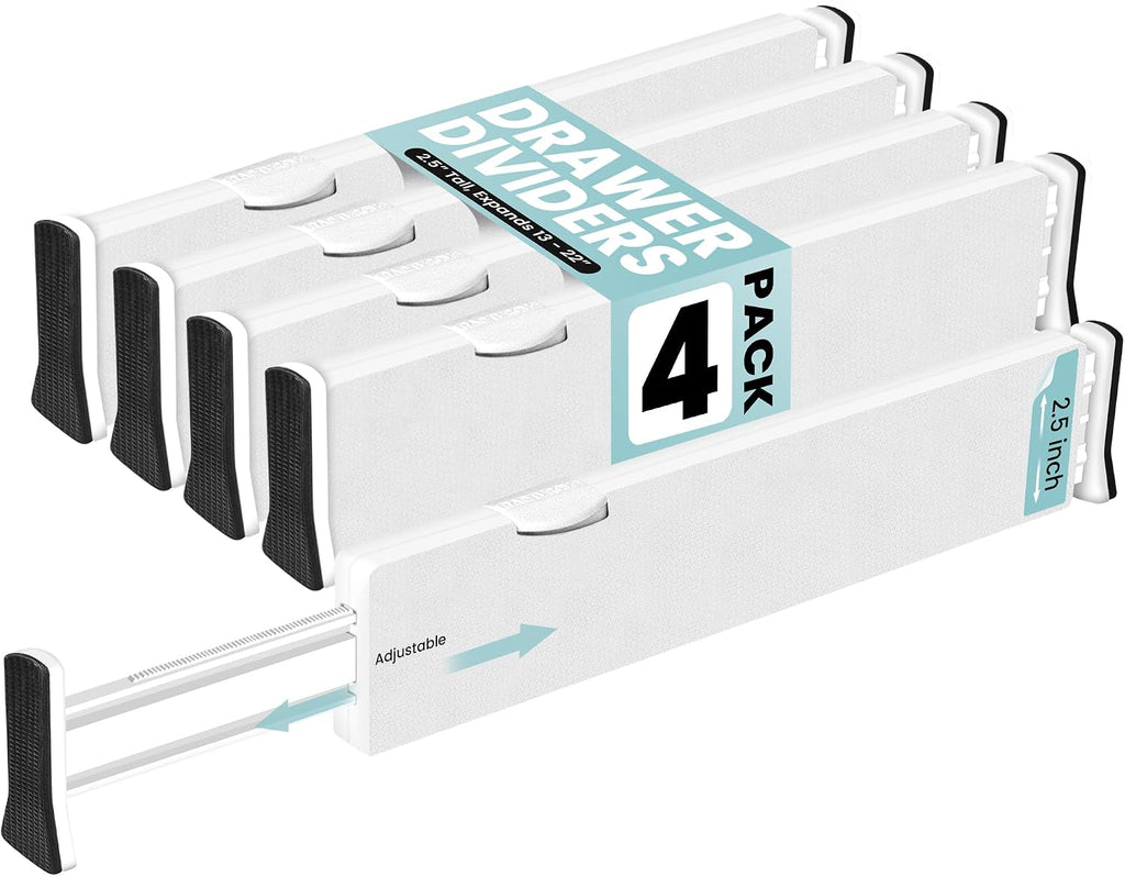 RAPTUROUS White Expandable Drawer Dividers (6" Tall, 13"-22" Long, 4 Pack - White)