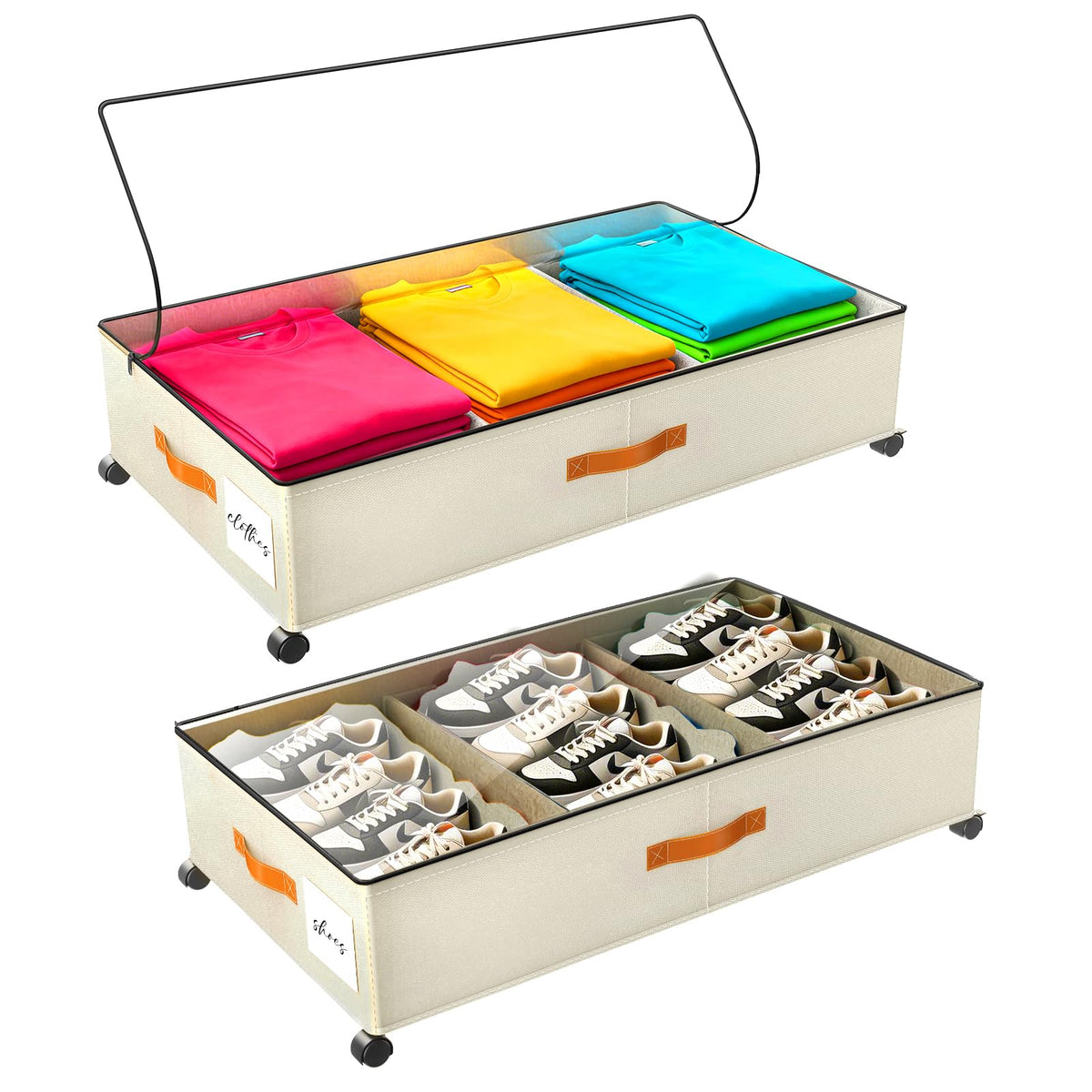 Under Bed Storage with Wheels, Rolling Storage Containers with Clear Lid and Handles for Clothes, Shoes, Blankets, Pillows, Toys, Books, Bags (60L, 30.9 x 16.9 x 6.7in, Beige, 2 Pack)