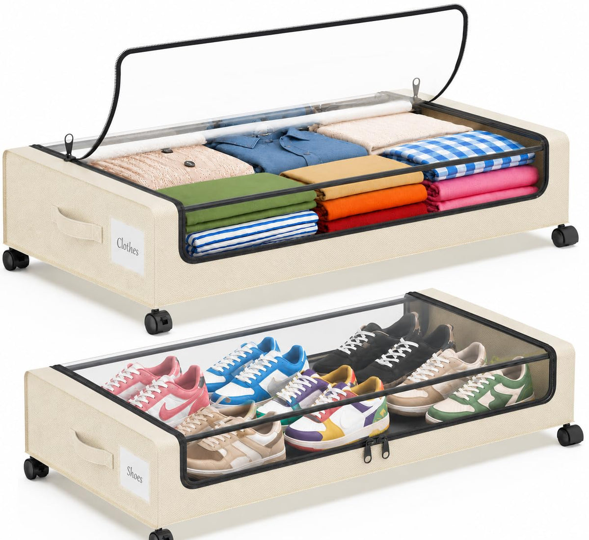 Under Bed Storage with Wheels, 2 Pack Under Bed Storage Containers with Clear Lids, 68L Underbed Shoe Storage Organizer Bins, Rolling Under Bed Metal Drawer for Blanket, Clothes, Shoes, Toys - Black