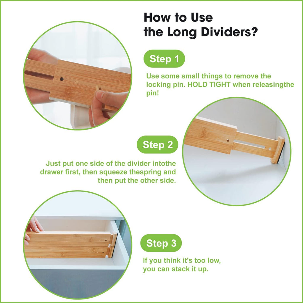 ANTOWIN Bamboo Drawer Dividers Organizers, Drawer Separators Splitter,13-17 inches Long Adjustable Spring-loaded Organizer for Large Utensil, Clothes, Tools Drawers (4+3)