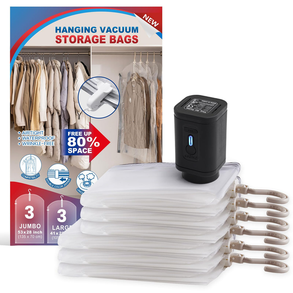 Hanging Vacuum Storage Bags, Space Saver Vacuum Seal Bags for Cloth, 6 Long