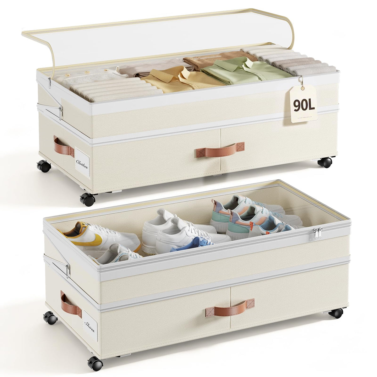 Yecaye 90L Under Bed Storage with Wheels, Height Adjustable, 2 Pack, Grey