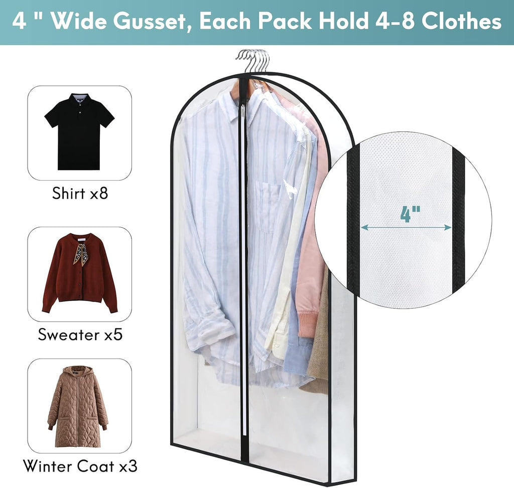 40" Clear Garment Bags for Hanging Clothes, 4" Gusseted Suit Bags for Closet Storage, Hanging Clothes Storage Suit Cover Bags with Zipper for Coats, Jackets, Shirts, 4 Packs