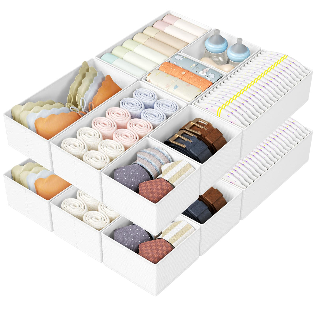 DIMJ Drawer Organizers Clothes, Dresser Organizer Bins for Baby Clothes,Underwear and Sock, Fabric Closet Organization and Storage Boxs, Drawer Dividers for Nursery, Clothing, Tie - 4 Pack, Beige