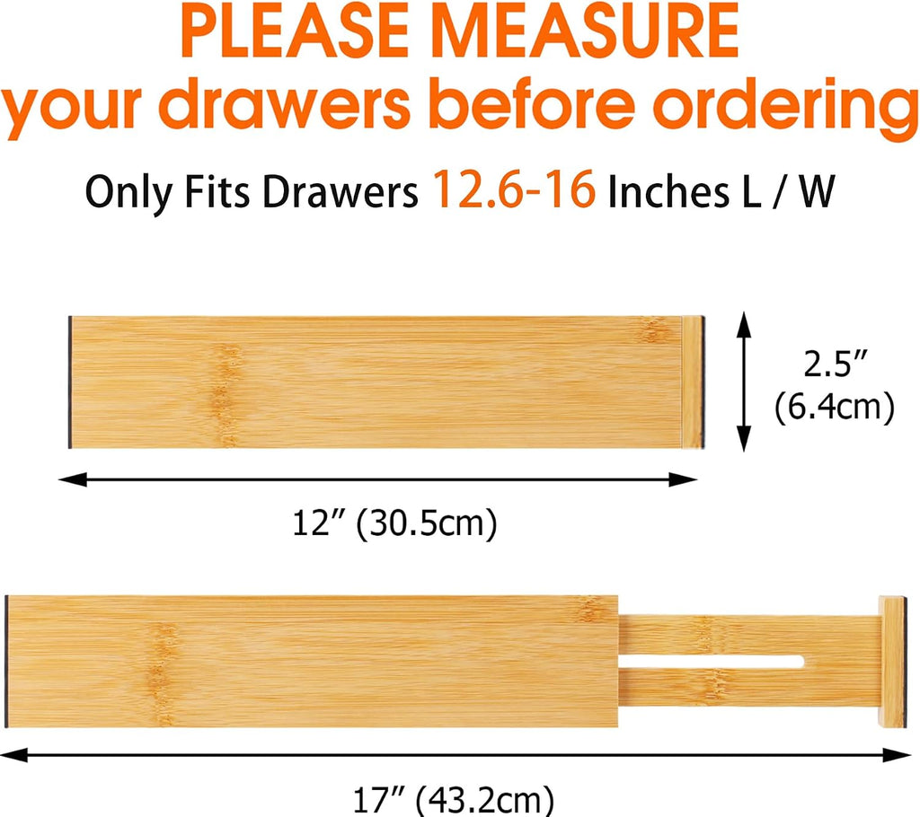 Bamboo Drawer Dividers, Adjustable Drawer Organizers, Fits 12.6–16" Drawers