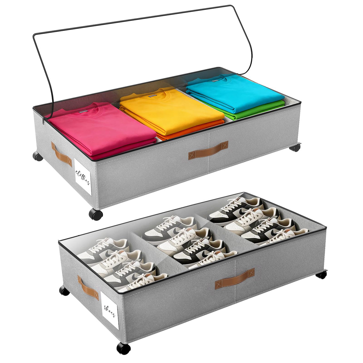 Under Bed Storage with Wheels, Rolling Storage Containers with Clear Lid and Handles for Clothes, Shoes, Blankets, Pillows, Toys, Books, Bags (60L, 30.9 x 16.9 x 6.7in, Beige, 2 Pack)