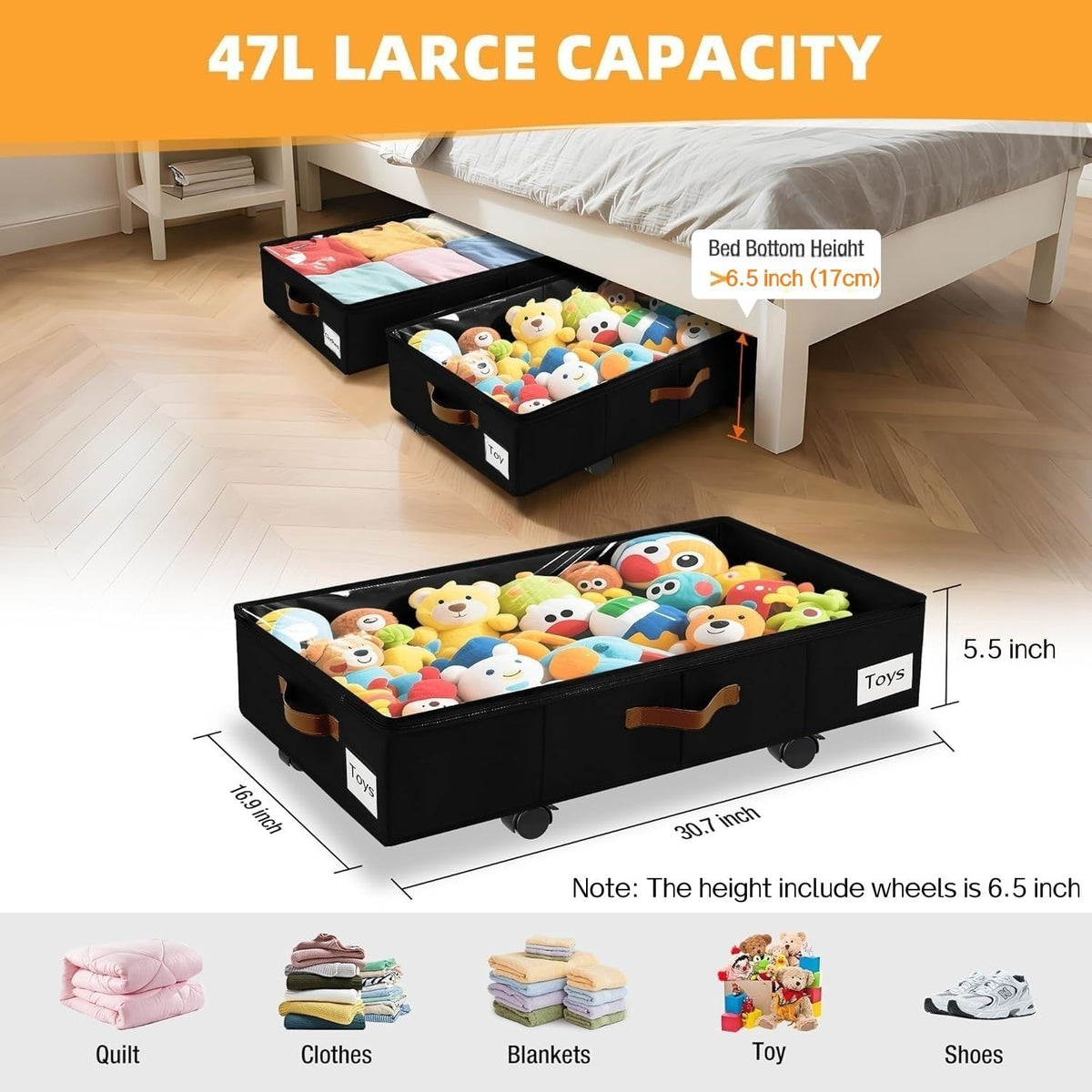 Under Bed Storage with Wheels, Dorm Room Organizer for Clothes Shoes Toys