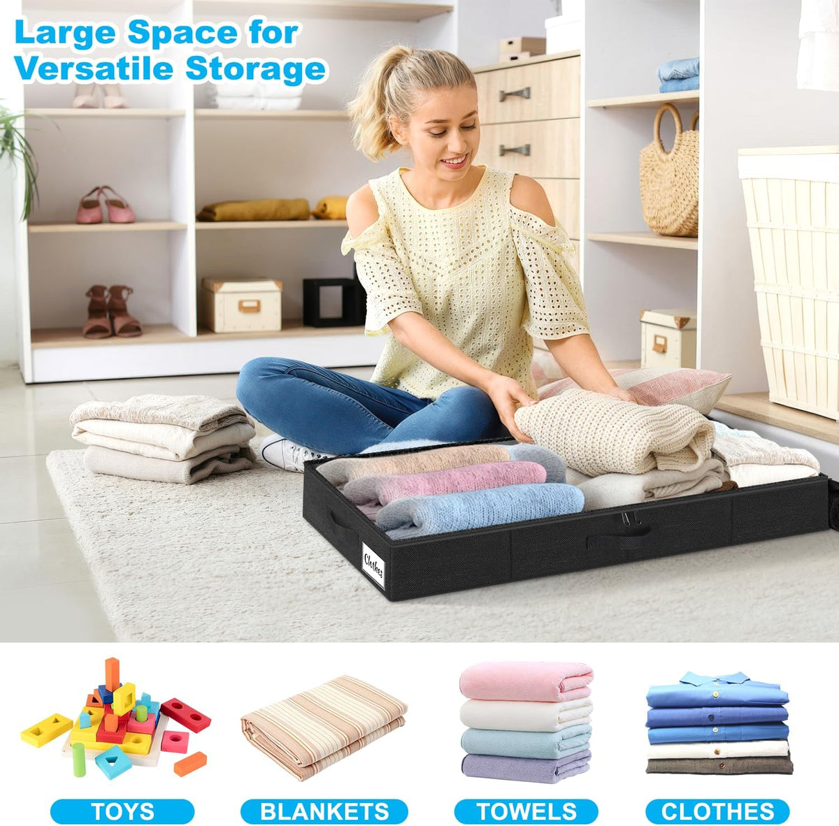 Under Bed Storage Container Bins 2 Pack, 4.5 Inch Slim Low Profile Underbed Clothes Storage Organizer for Dorm & Home, Use for Blanket and Toy Storage Box W/ Sturdy Bottom/Sides, Foldable Thick Fabric