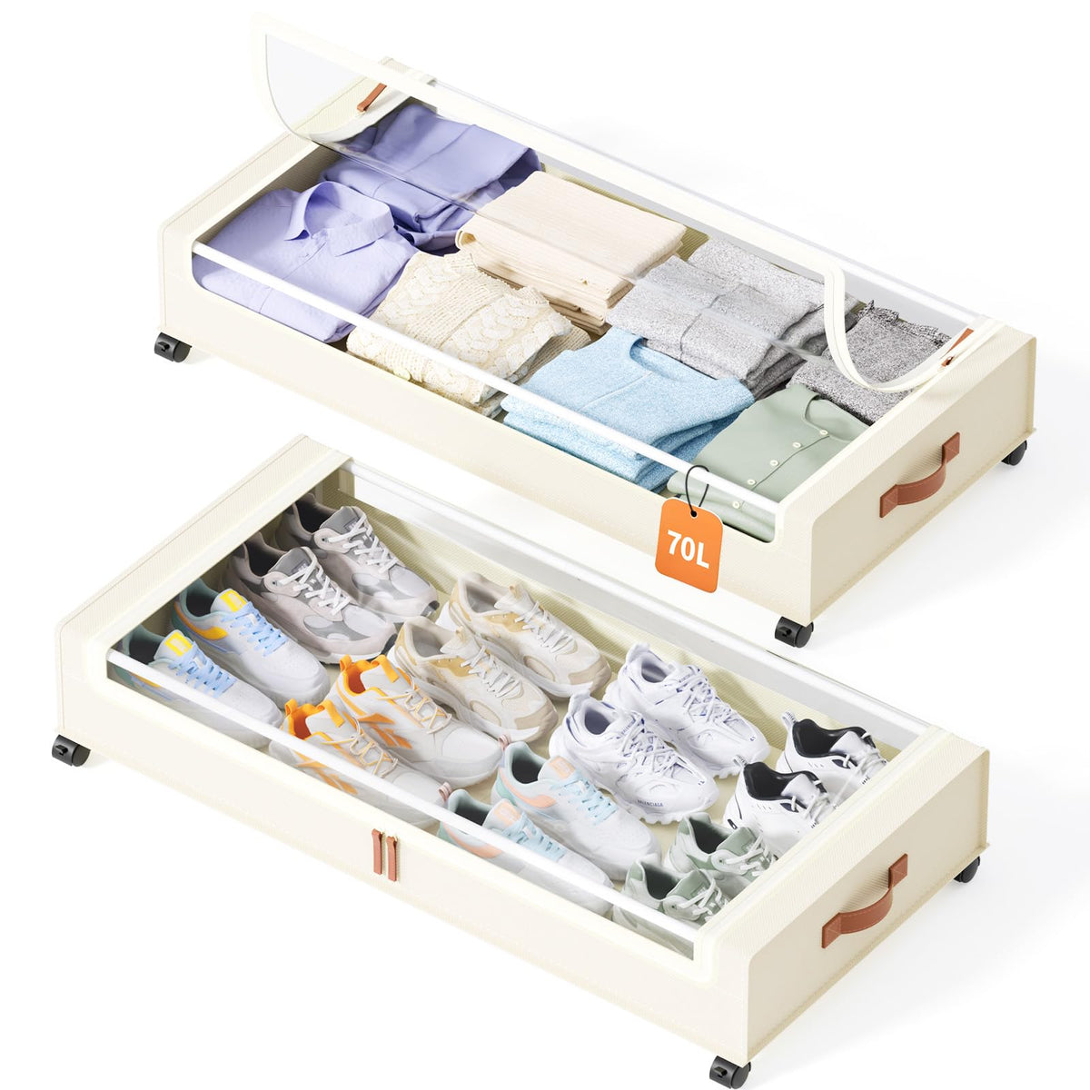 Yecaye Under Bed Storage with Wheels, 2 Pack Under Bed Storage Containers, 60L Underbed Shoe Storage with Clear Window & Label, Rolling Under Bed Metal Drawer for Clothes, Shoes, Books, Blankets