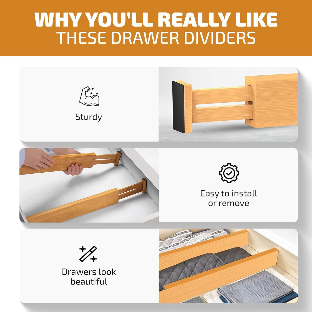 Bambüsi 4-Pack Drawer Divider - 2.6" High, 16" to 22" Adjustable Bamboo Drawer Organizers for Clothes, Expandable Dresser Separators in Bedroom/Bathroom/Kitchen/Office Organization and Storage