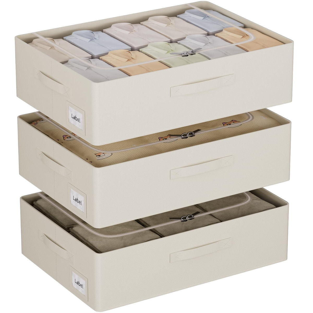 CYhom 3Pcs Under Bed Storage Bins with Metal Frame - Shoe Organizer for Closet with Clear Cover Oxford Fabric Sturdy Underbed Container Foldable Stackable Clothes Organizer (Beige, 23.5x11.8x6.3)