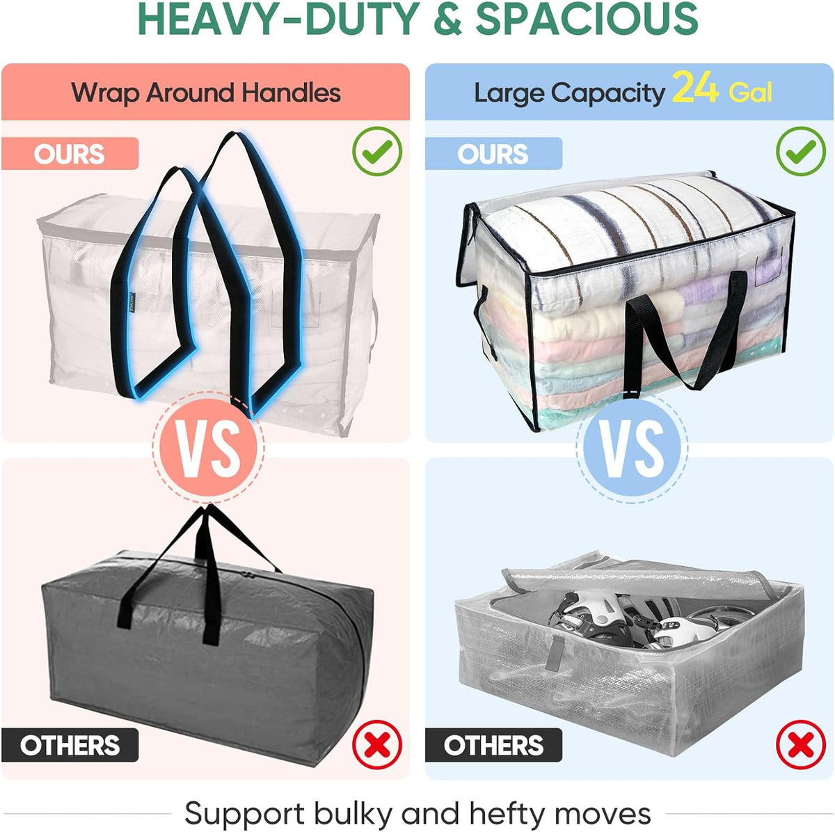 BALEINE 6-Pack Oversized Moving Bags with Reinforced Handles, Heavy-Duty Storage Tote for Clothes, Moving Supplies (Clear, 6-Pack)