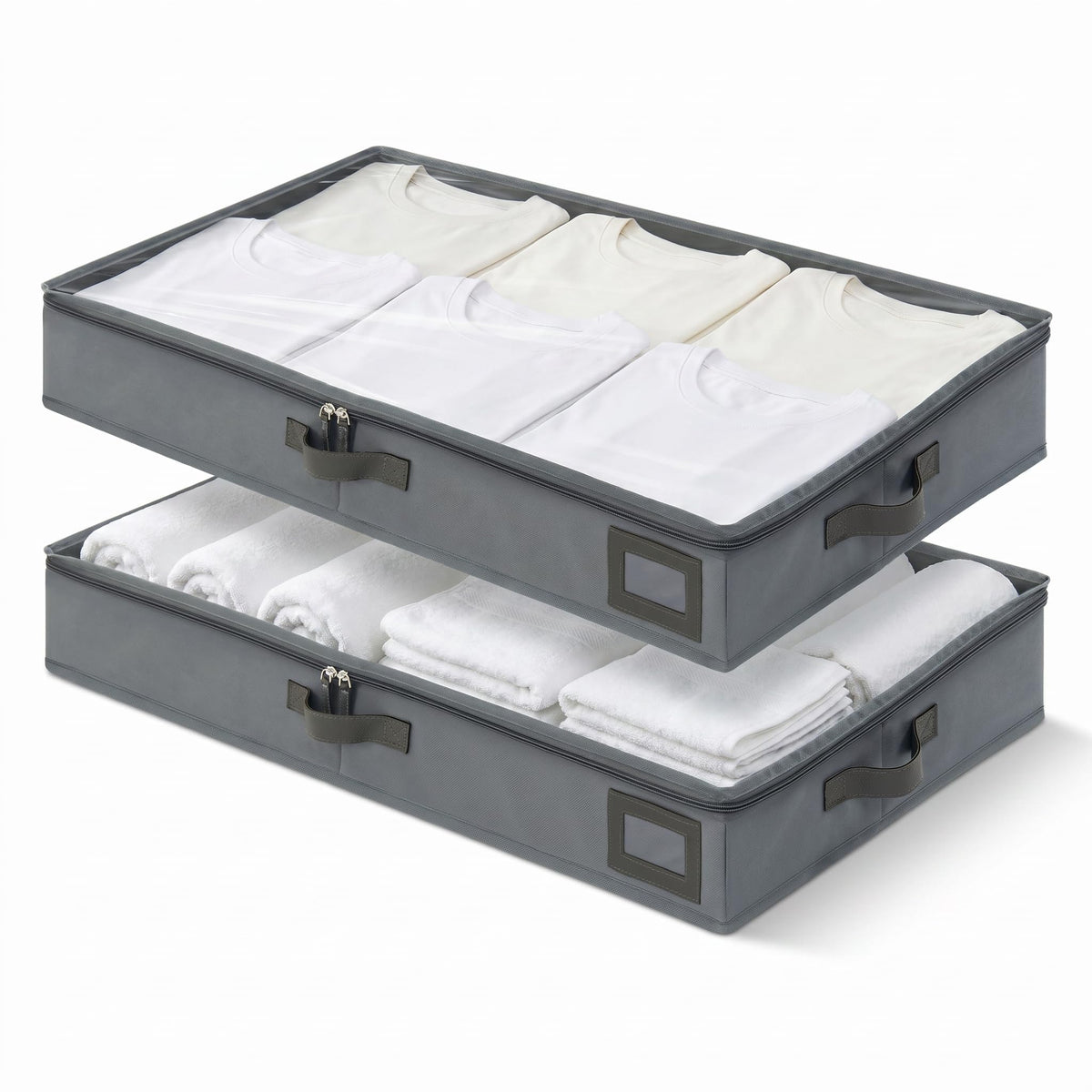 6" Versatile Under Bed Storage Bins (2-Pack, Charcoal Grey), Sturdy 600D Oxford Fabric Clothes Organizer Containers with Matching Vegan Leather Handles for Sweaters, Linens & Bedding