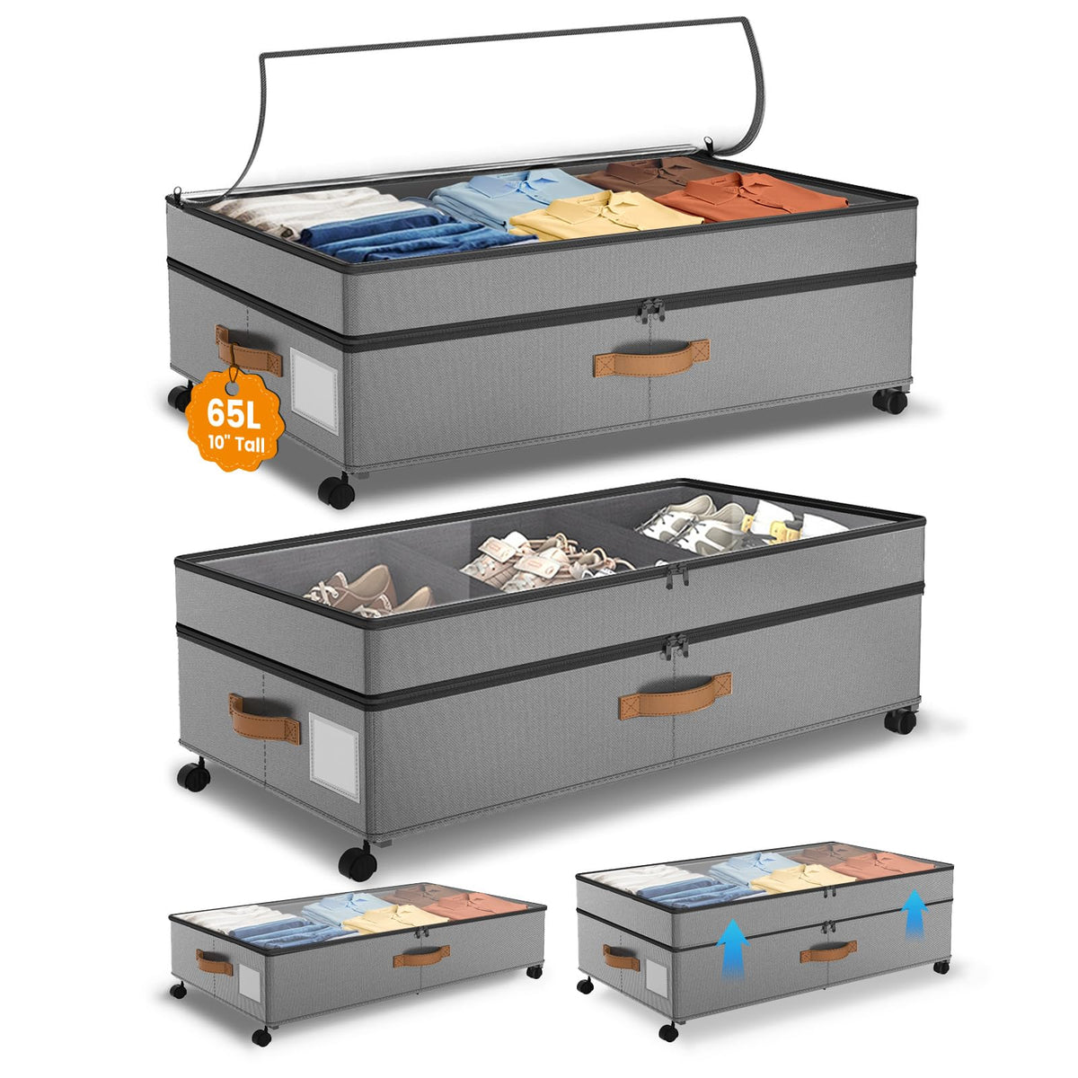 90L XXL Large Under Bed Storage with Wheels, 2-Pack (Black) 11'' Height Adjustable XXL Rolling Storage Bins with Clear Lids, Dorm Under Bed Drawers for Clothes, Shoes, Blankets