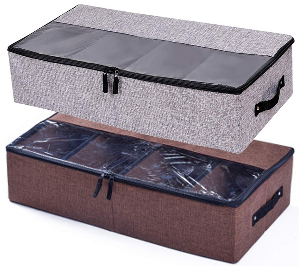 AARAINBOW 2 Packs Foldable Under Bed Clothes Organizer with Lids, Underbed Storage Container with Adjustable Dividers, UnderBed Storage Bins with Handles and Clear Window (Gray+Light Gray)